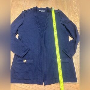 ST JOHN SANTANA KNIT OPEN FRONT BLUE CARDIGAN GOLD HARDWARE SIZE SMALL